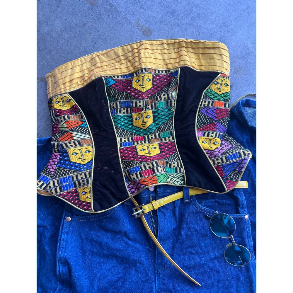 VTG Handmade Embroidered Velvet Corset Top – Festival Boho Tribal Faces Bustier